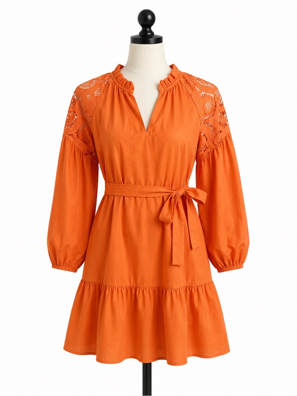 Jade Orange Lace-Shoulder Tie-Waist Long-Sleeve Mini Dress